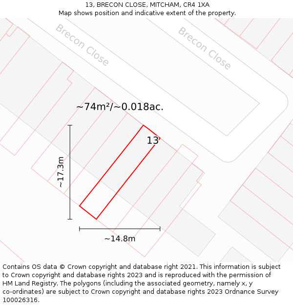 13, BRECON CLOSE, MITCHAM, CR4 1XA: Plot and title map