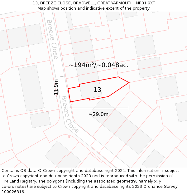 13, BREEZE CLOSE, BRADWELL, GREAT YARMOUTH, NR31 9XT: Plot and title map