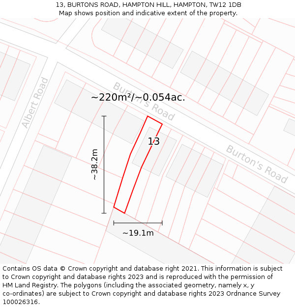 13, BURTONS ROAD, HAMPTON HILL, HAMPTON, TW12 1DB: Plot and title map