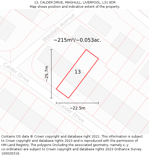 13, CALDER DRIVE, MAGHULL, LIVERPOOL, L31 9DR: Plot and title map