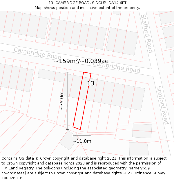 13, CAMBRIDGE ROAD, SIDCUP, DA14 6PT: Plot and title map