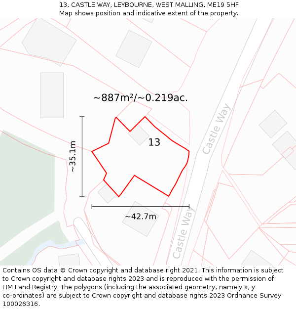 13, CASTLE WAY, LEYBOURNE, WEST MALLING, ME19 5HF: Plot and title map