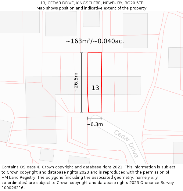 13, CEDAR DRIVE, KINGSCLERE, NEWBURY, RG20 5TB: Plot and title map