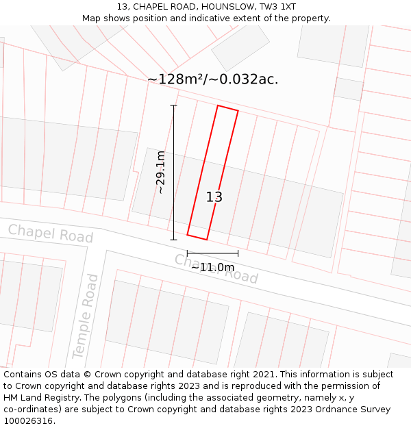 13, CHAPEL ROAD, HOUNSLOW, TW3 1XT: Plot and title map