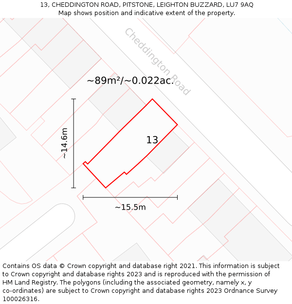 13, CHEDDINGTON ROAD, PITSTONE, LEIGHTON BUZZARD, LU7 9AQ: Plot and title map