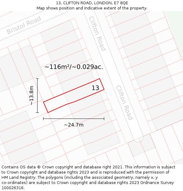 13, CLIFTON ROAD, LONDON, E7 8QE: Plot and title map