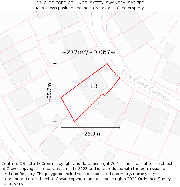 13, CLOS COED COLLINGS, SKETTY, SWANSEA, SA2 7RD: Plot and title map