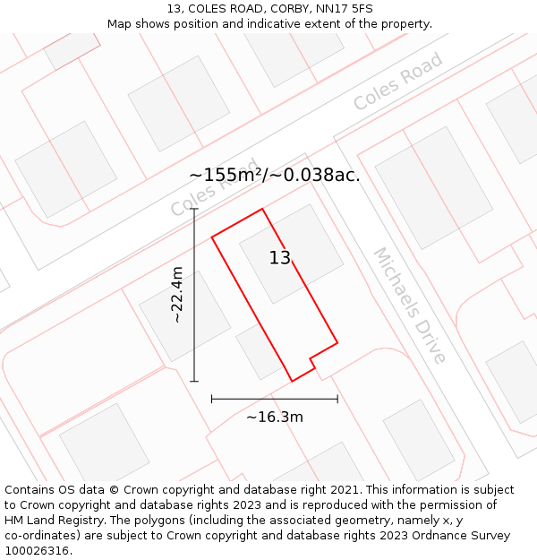 13, COLES ROAD, CORBY, NN17 5FS: Plot and title map