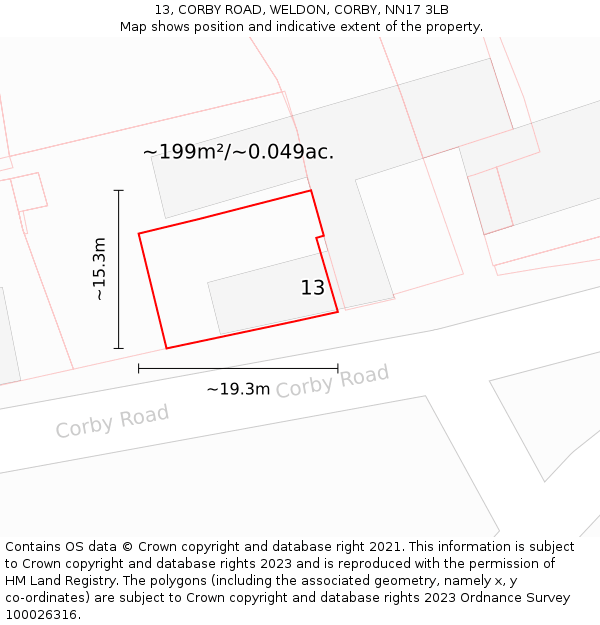 13, CORBY ROAD, WELDON, CORBY, NN17 3LB: Plot and title map