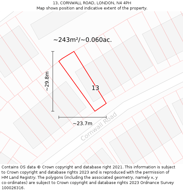 13, CORNWALL ROAD, LONDON, N4 4PH: Plot and title map