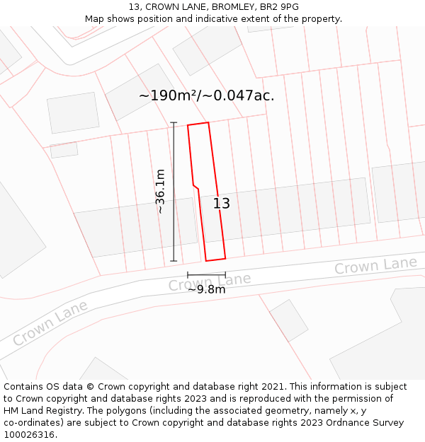 13, CROWN LANE, BROMLEY, BR2 9PG: Plot and title map