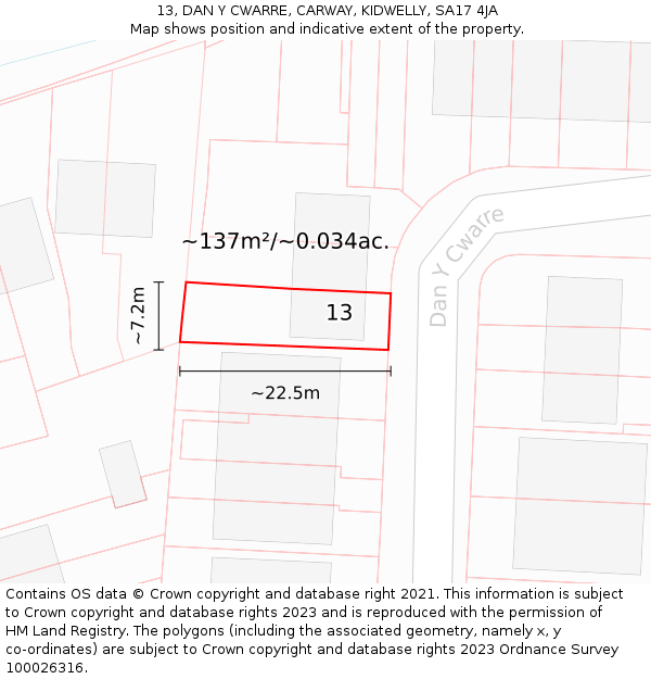 13, DAN Y CWARRE, CARWAY, KIDWELLY, SA17 4JA: Plot and title map