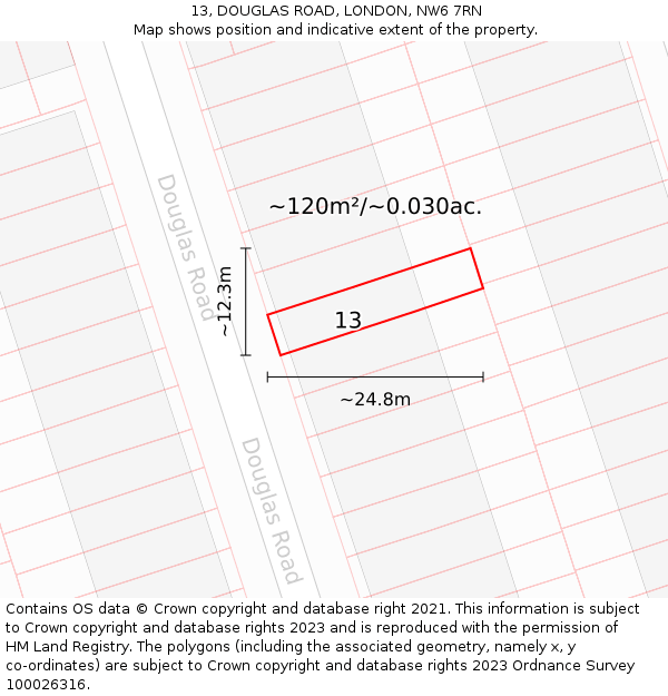 13, DOUGLAS ROAD, LONDON, NW6 7RN: Plot and title map
