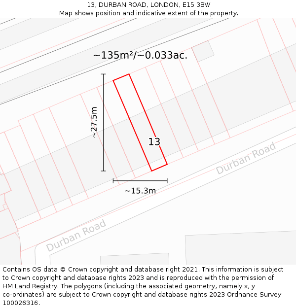 13, DURBAN ROAD, LONDON, E15 3BW: Plot and title map