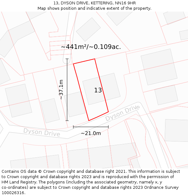 13, DYSON DRIVE, KETTERING, NN16 9HR: Plot and title map