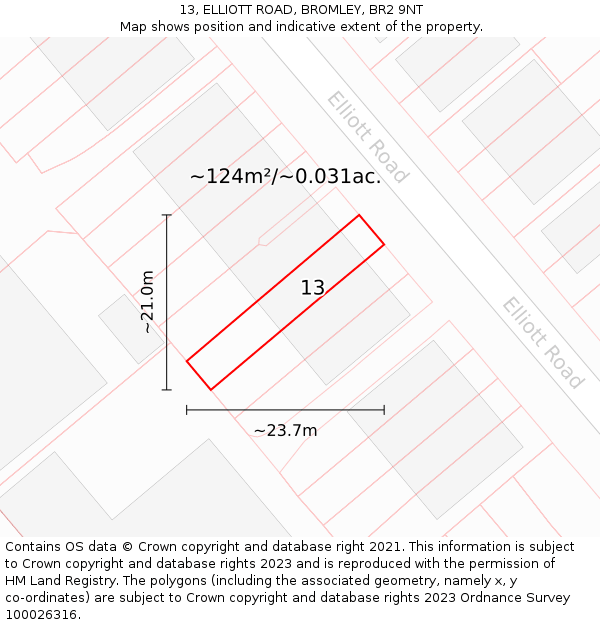 13, ELLIOTT ROAD, BROMLEY, BR2 9NT: Plot and title map