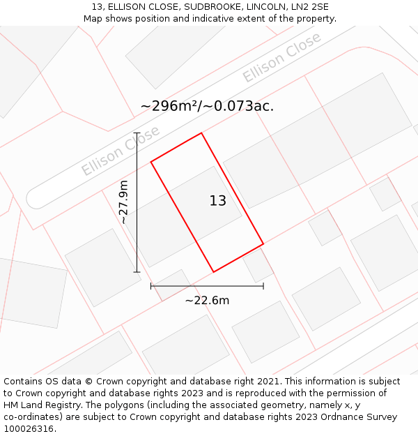 13, ELLISON CLOSE, SUDBROOKE, LINCOLN, LN2 2SE: Plot and title map