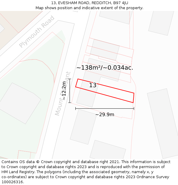13, EVESHAM ROAD, REDDITCH, B97 4JU: Plot and title map