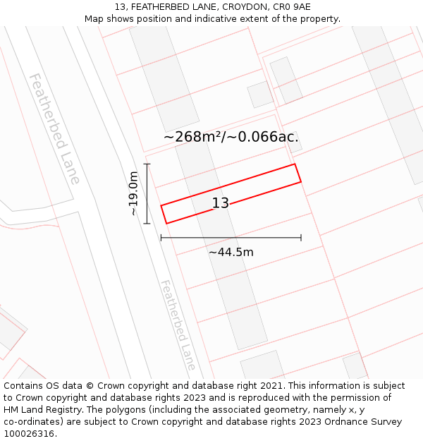 13, FEATHERBED LANE, CROYDON, CR0 9AE: Plot and title map