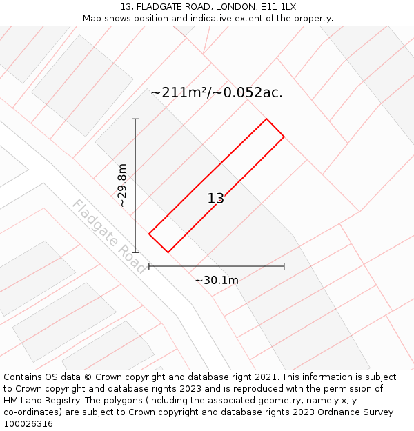 13, FLADGATE ROAD, LONDON, E11 1LX: Plot and title map