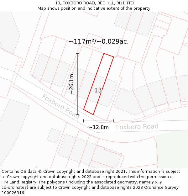 13, FOXBORO ROAD, REDHILL, RH1 1TD: Plot and title map