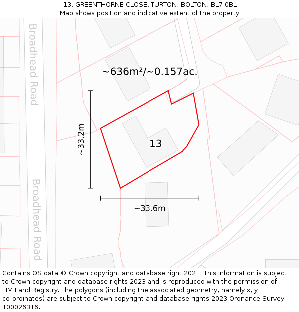 13, GREENTHORNE CLOSE, TURTON, BOLTON, BL7 0BL: Plot and title map