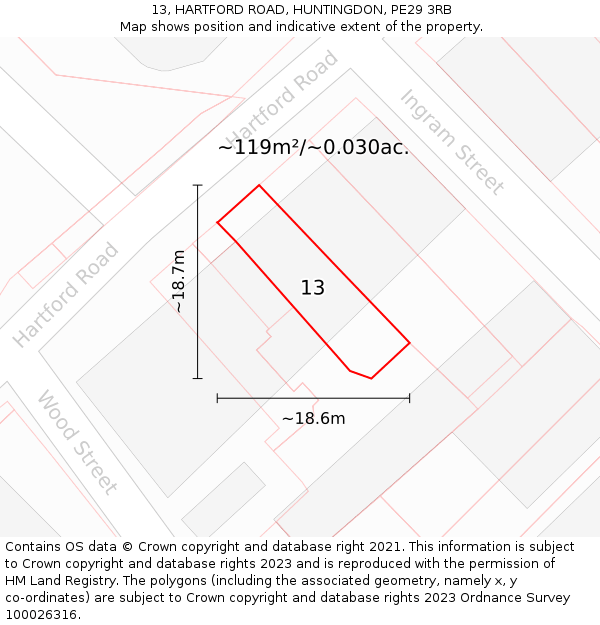 13, HARTFORD ROAD, HUNTINGDON, PE29 3RB: Plot and title map