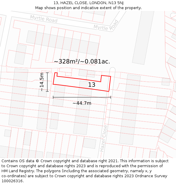 13, HAZEL CLOSE, LONDON, N13 5NJ: Plot and title map