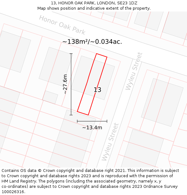 13, HONOR OAK PARK, LONDON, SE23 1DZ: Plot and title map