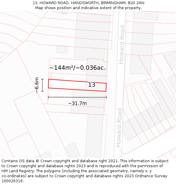 13, HOWARD ROAD, HANDSWORTH, BIRMINGHAM, B20 2AN: Plot and title map