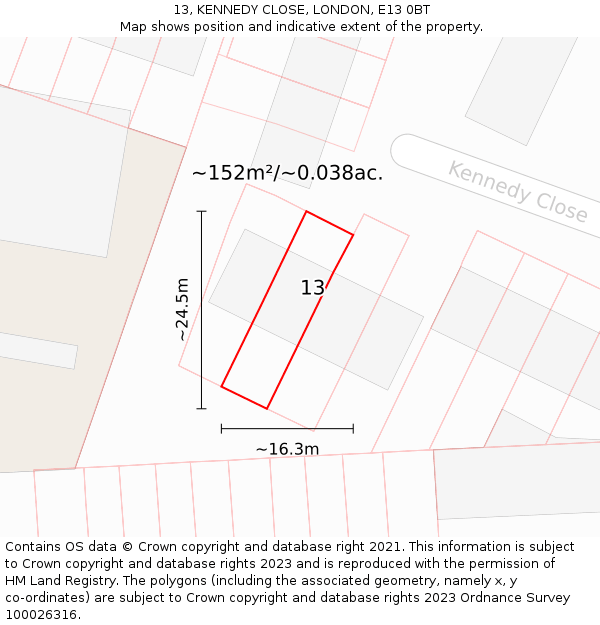 13, KENNEDY CLOSE, LONDON, E13 0BT: Plot and title map