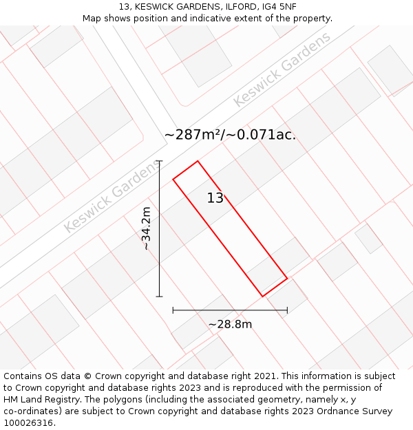 13, KESWICK GARDENS, ILFORD, IG4 5NF: Plot and title map