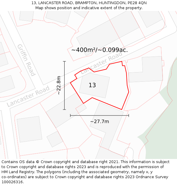 13, LANCASTER ROAD, BRAMPTON, HUNTINGDON, PE28 4QN: Plot and title map