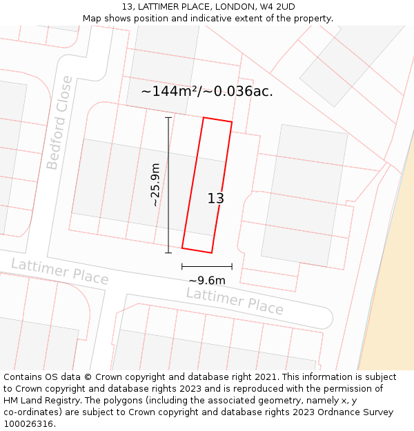 13, LATTIMER PLACE, LONDON, W4 2UD: Plot and title map