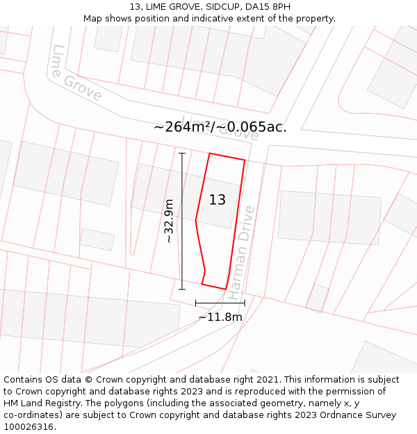 13, LIME GROVE, SIDCUP, DA15 8PH: Plot and title map
