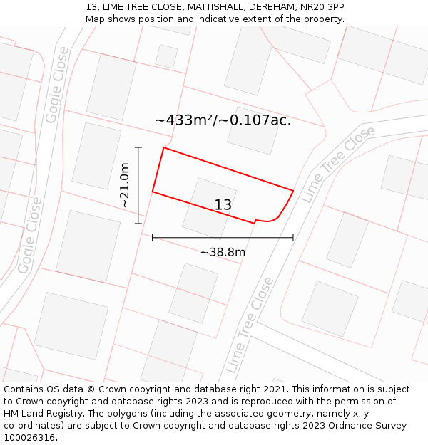 13, LIME TREE CLOSE, MATTISHALL, DEREHAM, NR20 3PP: Plot and title map