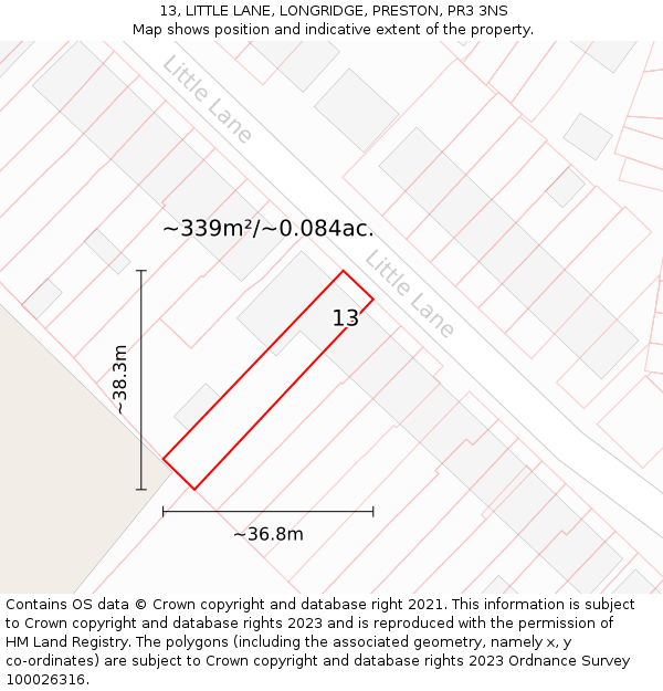 13, LITTLE LANE, LONGRIDGE, PRESTON, PR3 3NS: Plot and title map