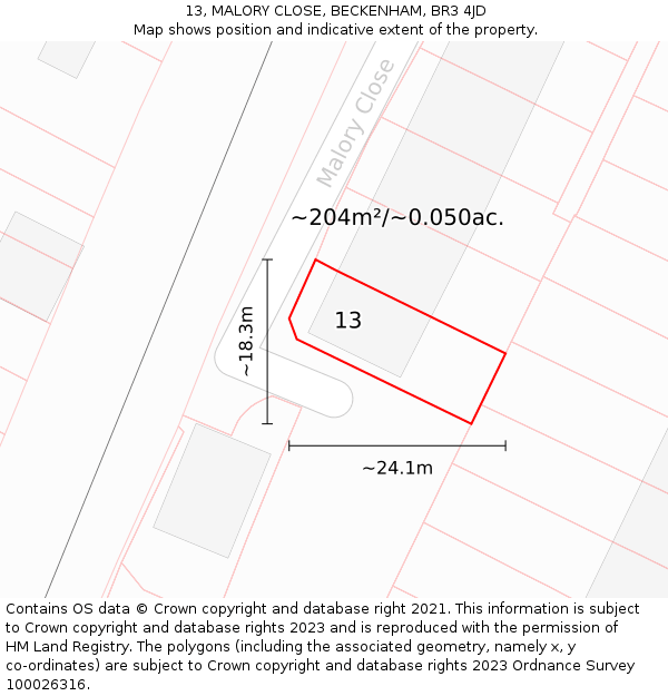 13, MALORY CLOSE, BECKENHAM, BR3 4JD: Plot and title map