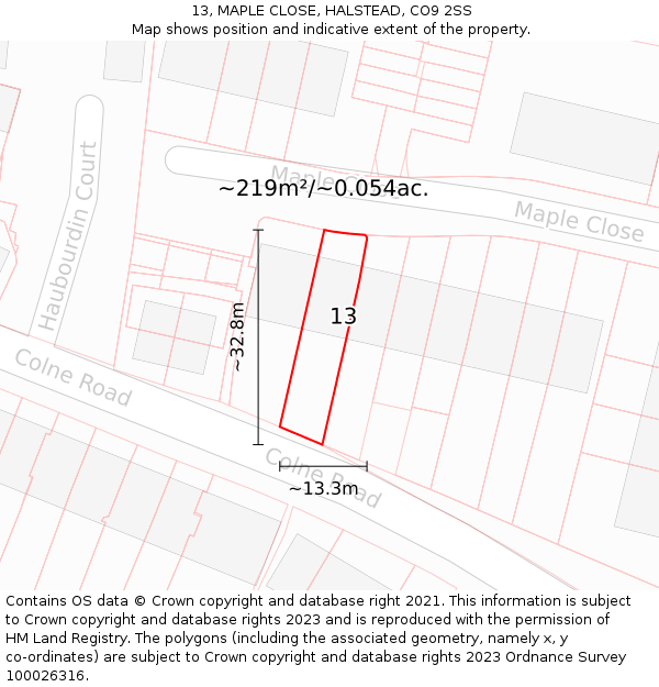 13, MAPLE CLOSE, HALSTEAD, CO9 2SS: Plot and title map