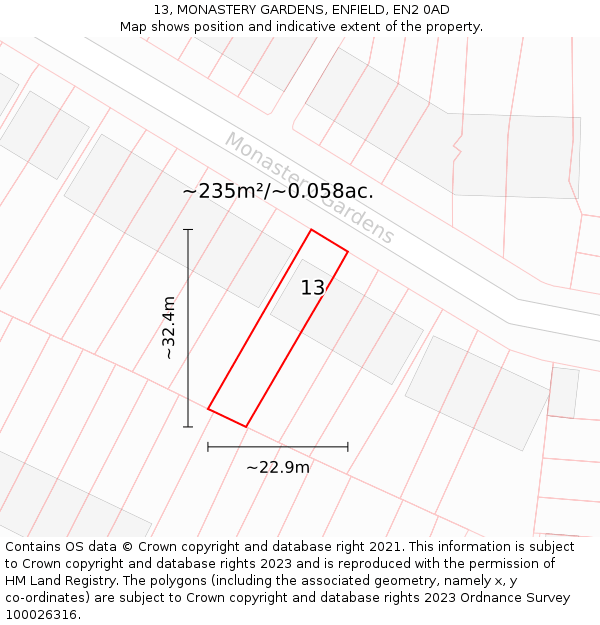 13, MONASTERY GARDENS, ENFIELD, EN2 0AD: Plot and title map