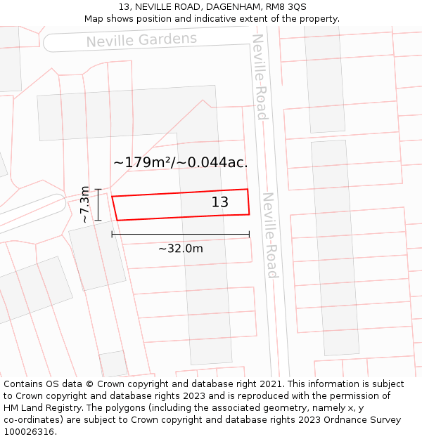 13, NEVILLE ROAD, DAGENHAM, RM8 3QS: Plot and title map