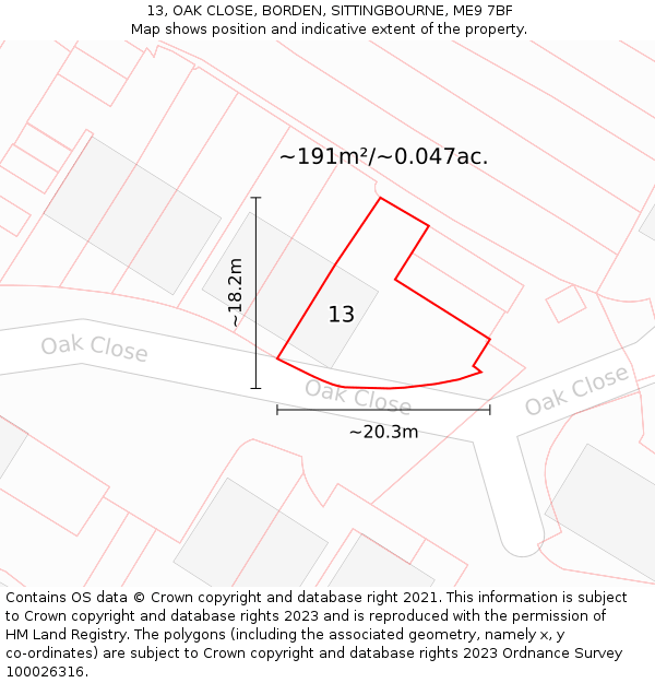 13, OAK CLOSE, BORDEN, SITTINGBOURNE, ME9 7BF: Plot and title map