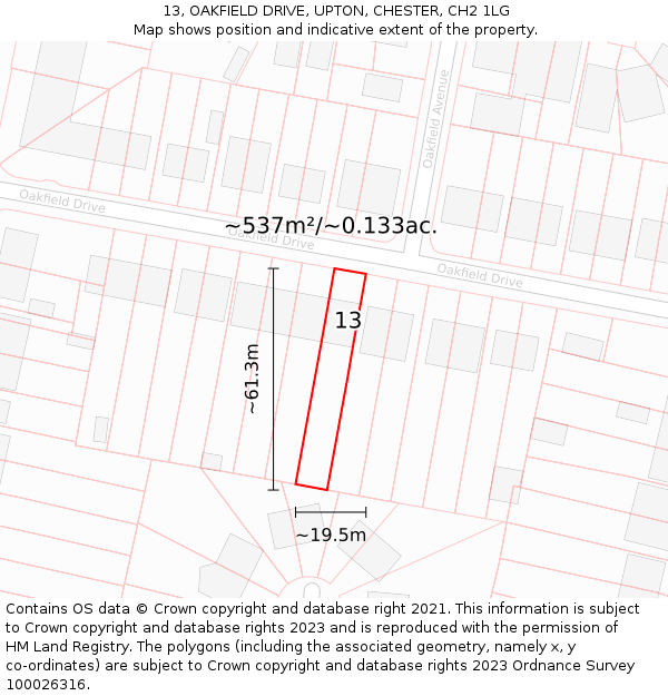 13, OAKFIELD DRIVE, UPTON, CHESTER, CH2 1LG: Plot and title map