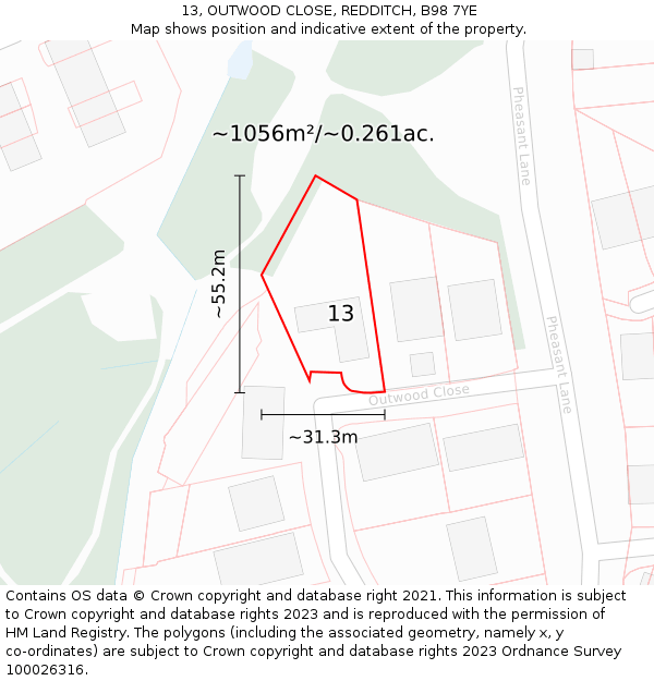 13, OUTWOOD CLOSE, REDDITCH, B98 7YE: Plot and title map