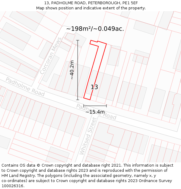 13, PADHOLME ROAD, PETERBOROUGH, PE1 5EF: Plot and title map