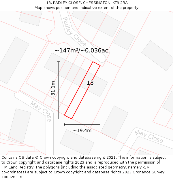 13, PADLEY CLOSE, CHESSINGTON, KT9 2BA: Plot and title map