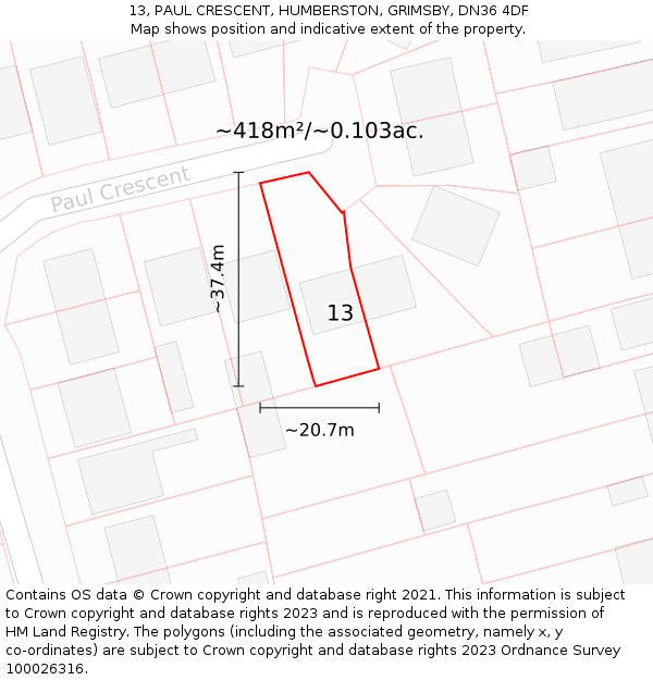 13, PAUL CRESCENT, HUMBERSTON, GRIMSBY, DN36 4DF: Plot and title map