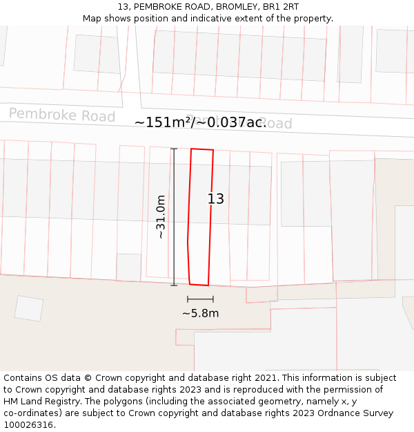 13, PEMBROKE ROAD, BROMLEY, BR1 2RT: Plot and title map