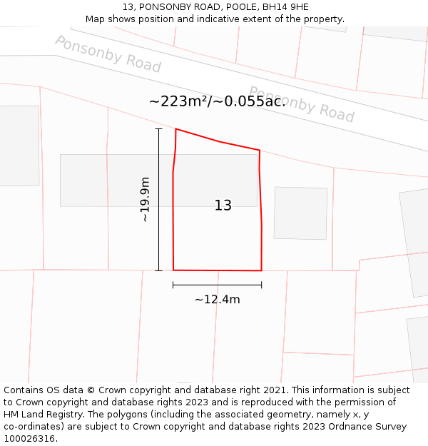 13, PONSONBY ROAD, POOLE, BH14 9HE: Plot and title map