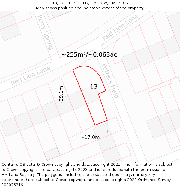 13, POTTERS FIELD, HARLOW, CM17 9BY: Plot and title map